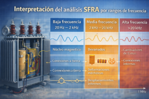 Rangos de frecuencia del análisis SFRA y elementos del transformador evaluados