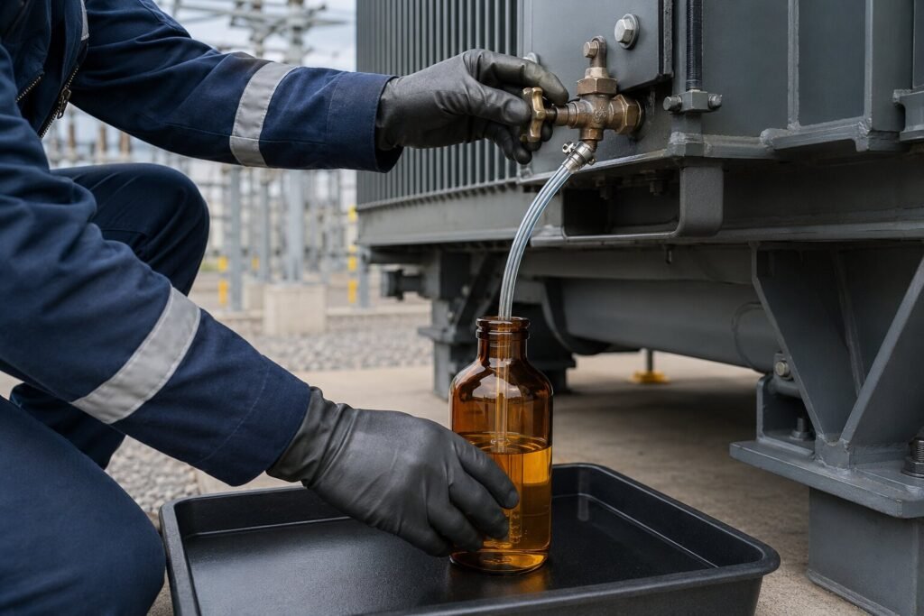Técnico tomando una muestra de aceite de un transformador mediante un tubo y una botella ámbar