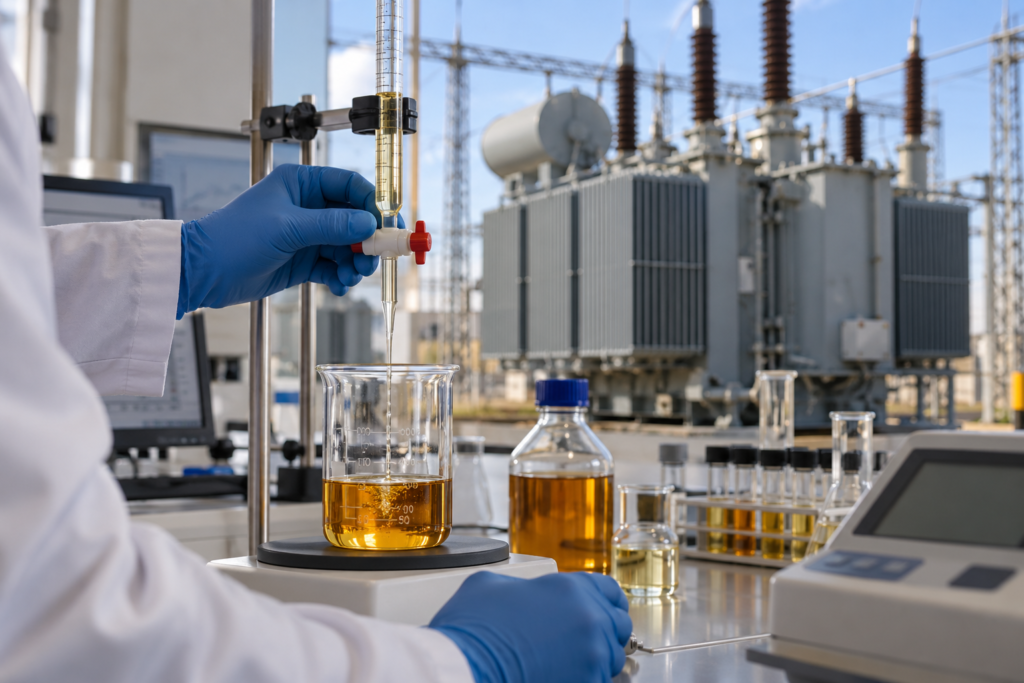 Ensayo de acidez y número de neutralización de una muestra de aceite aislante de transformador.